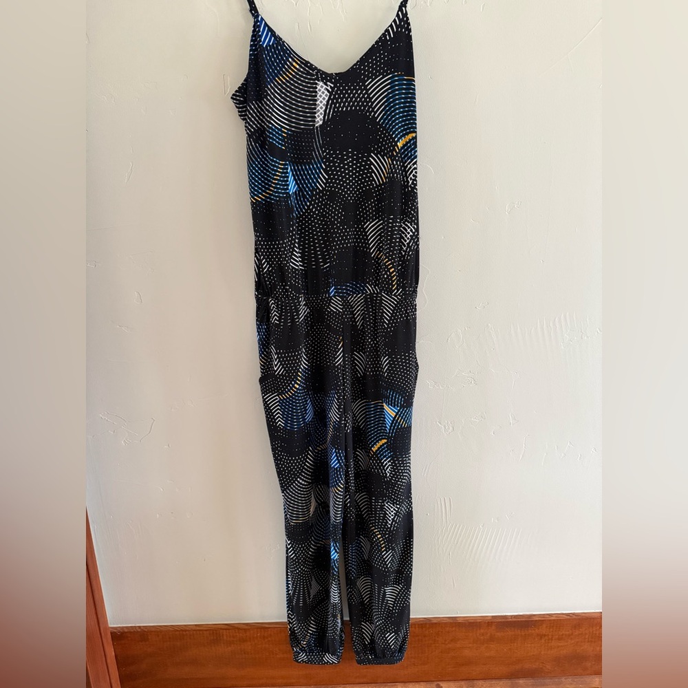Veronica M Black Spotted Blue, Black, & White Jumpsuit